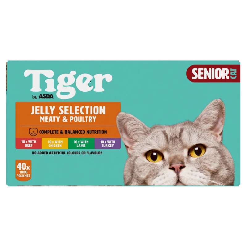    - High-fiber cat food  Tiger by ASDA Senior Cat Food Jelly Selection Meaty & Poultry 40 x 100g Pouches