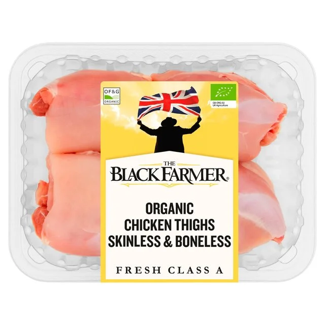 The Black Farmer Organic Chicken Thighs Skinless & Boneless   Typically: 360g