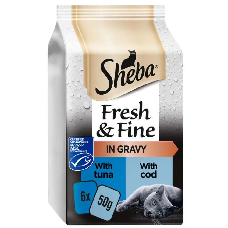    - Fish-based cat food  Sheba Fresh & Fine Wet Cat Food Pouches Tuna & Cod in Gravy