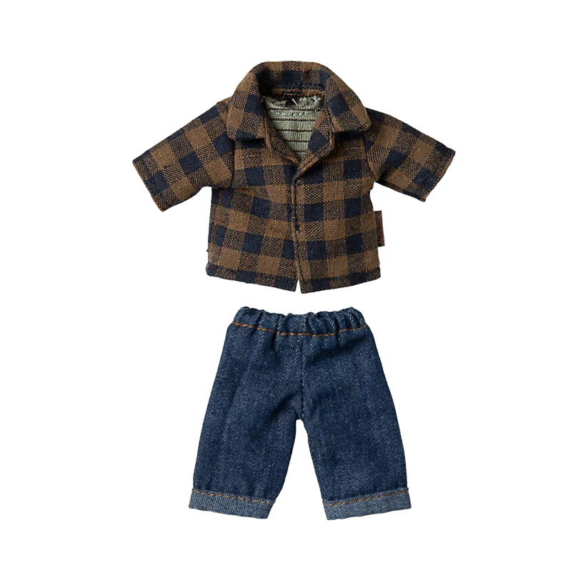 Pre Order Maileg brown checked shirt and pants, dad mouse