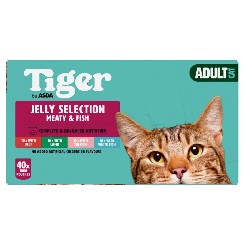    - High-protein cat food  Tiger by ASDA Adult Cat Food Jelly Selection Meaty & Fish 40 x 100g Pouches