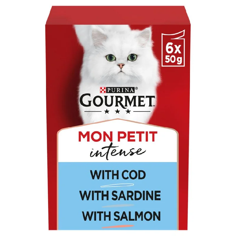 2. **Brand-Related**  Gourmet Mon Petit Cat Food Pouches Fish