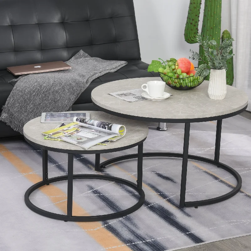 2-Piece Stacking Coffee Table Set w/ Steel Frame Marble-Effect Top Foot Pads Home Office Style Storage Display