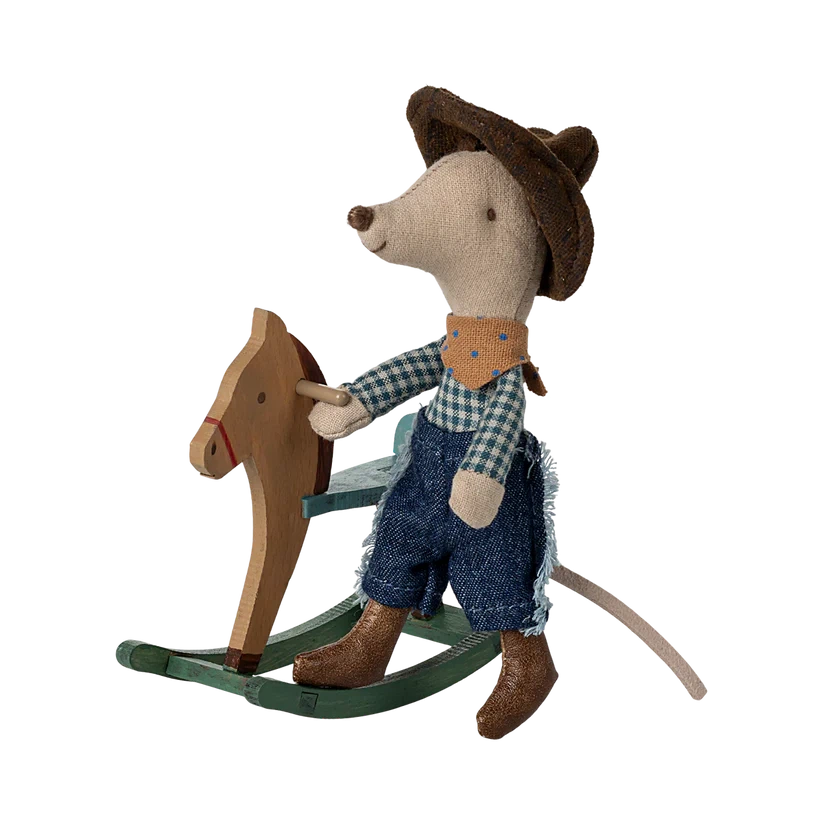 Pre Order Maileg cowboy mouse on rocking horse, little brother