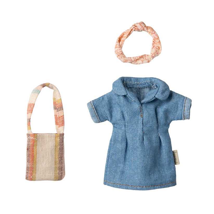 Pre Order Maileg denim dress and bag, mum mouse