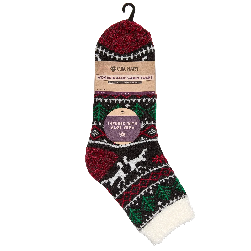 Cozy Cabin Xmas Reindeer Sock With Aloe - Black/Red/White