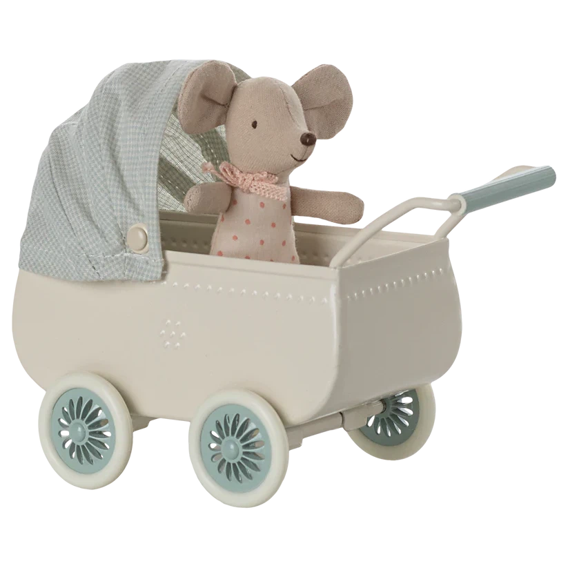 Pre Order Maileg pram with baby mouse - mint